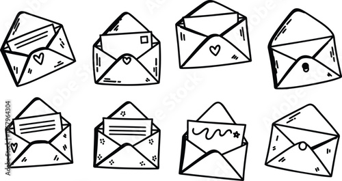 Set of hand drawn doodle style envelopes with various decorative elements on white background  correspondence icons