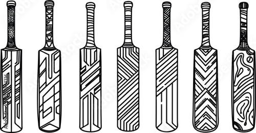 Set of six different cricket bats with various designs and patterns on white background