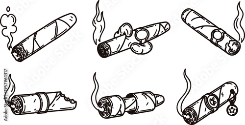 Set of six different cigars with smoke on white background