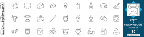 Dairy and milk products line icon set featuring fresh, milk, cheese, yogurt, butter, farm, and organic. Professional editable vector illustration.