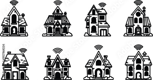 Smart home icons with various house designs and WiFi signals on white background
