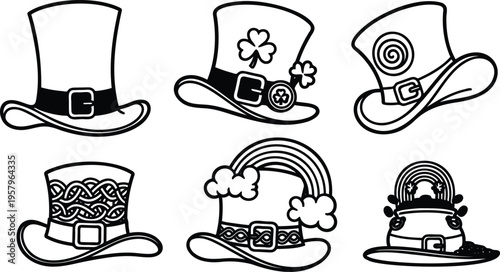 St Patricks Day hat icons with shamrocks rainbows and Celtic knots in line art style for St Patricks Day celebrations  various designs