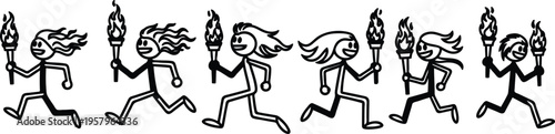 Stick figure people running with torches in hands in various poses on white background
