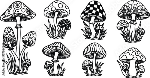 Set of various cartoon mushrooms with different patterns and designs on caps growing in grass  illustration
