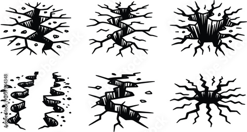 Setofblackcrackedearthandgroundwithdifferentshapesandsizesisolatedonwhitebackground