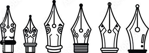 Six different fountain pen nibs in various designs and styles for writing and drawing isolated on white background