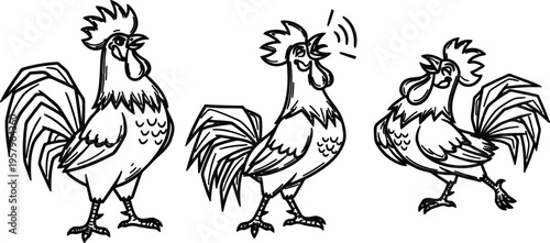 Three cartoon roosters in different poses and expressions standing alone