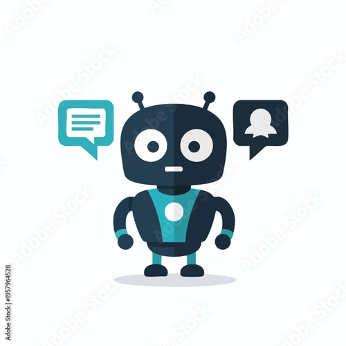 Friendly cartoon robot with speech bubbles, one with text, one with a user icon