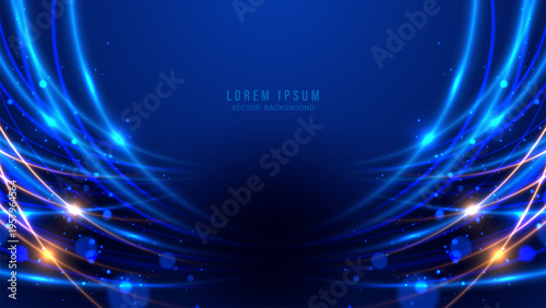 Abstract blue neon light swirl vector background. Glowing blue and orange curved lines with sparkles