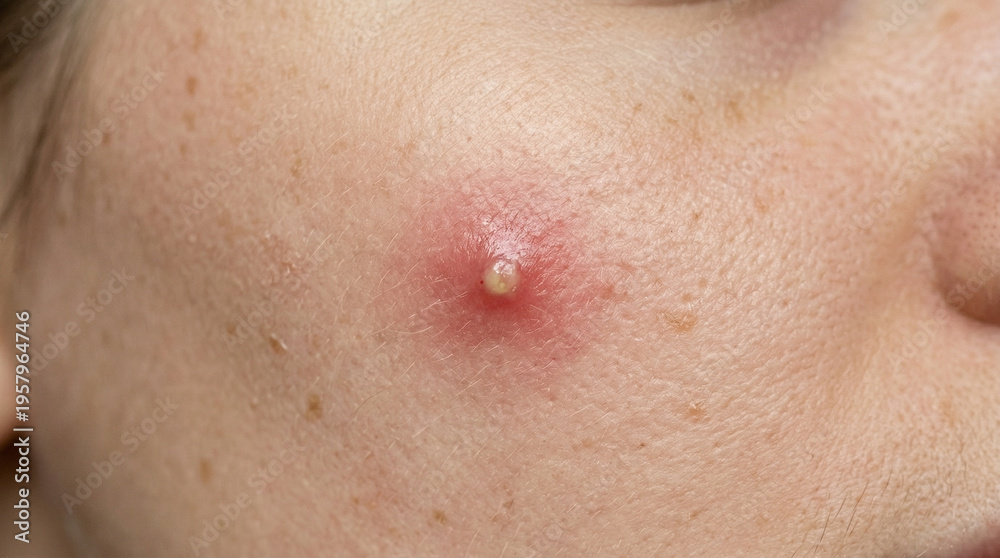 Fototapeta premium Close-up of inflamed pimple on cheek of young person 