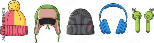 Winter Accessories and Audio Devices Illustration Set with Knitted Hats, Earflap Cap, Headphones, and Earbuds for Fashion, Music, and Cold Season Design Projects