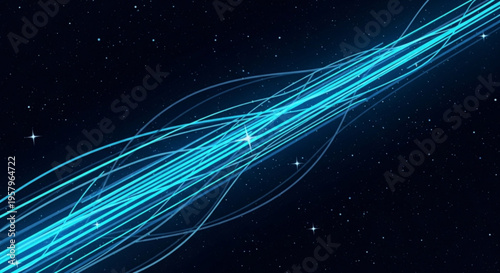 Glowing blue neon lines intersecting in space with starry night background abstract technology concept