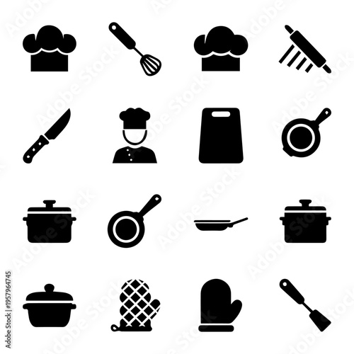Kitchen utensils and cooking equipment icons for culinary and restaurant themes