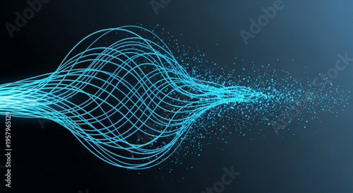 Glowing blue neon wave with particles on dark background futuristic technology concept