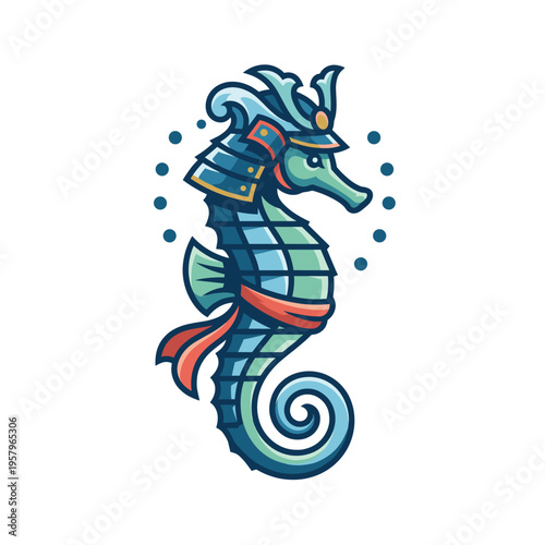 Samurai Seahorse Mascot in Ocean Warrior Armor