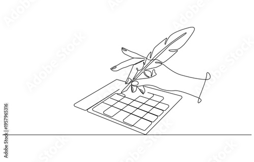 Continuous one line drawing of a calendar, depicting organization and time, line art style illustration.