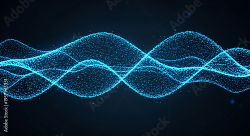 Glowing blue waveform pattern with wavy lines and dots on dark background representing digital signal or data visualization