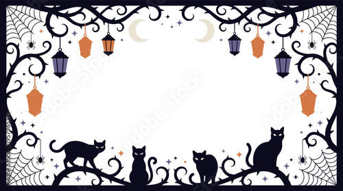 Black Cat Halloween Border Lanterns Webs and Curled Vines