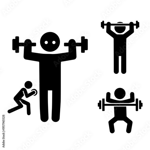 Vector icon set of people weightlifting, squatting, and training