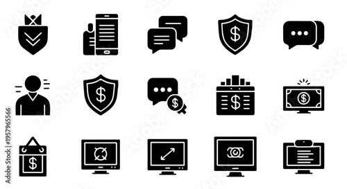 Set of black icons on financial and business topics