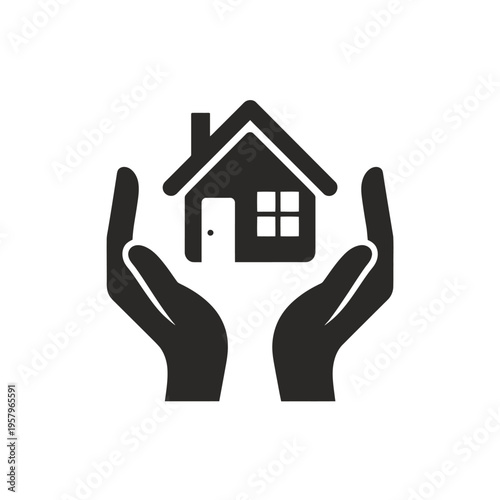 Hands protect a house icon symbolizing safety and home security