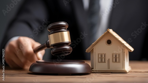 A close-up of a judge's gavel and a miniature house, symbolizing real estate law and property disputes.