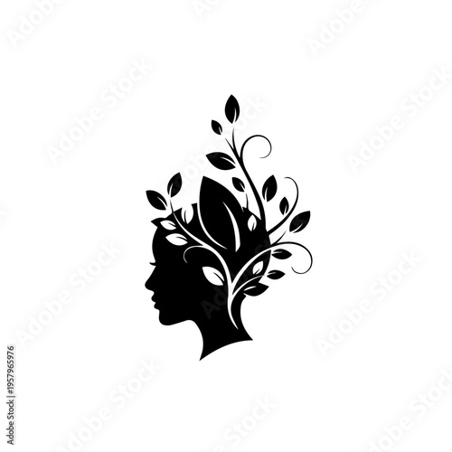 Silhouette of a Woman's Head with Growing Plants and Flowers