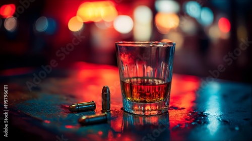 A close-up of a whiskey glass with bullets, illuminated by colorful neon lights, creating a striking atmosphere.