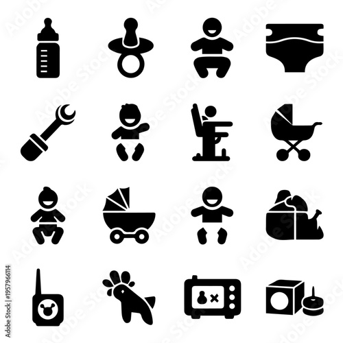 Comprehensive set of baby products and newborn essentials vector icons