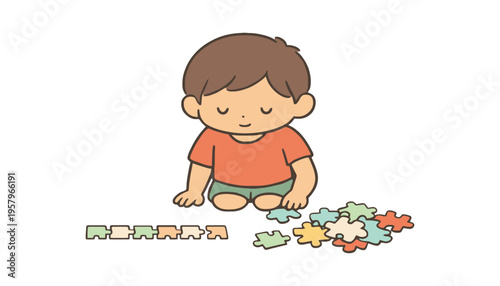 A young boy playing with colorful puzzle pieces on the floor