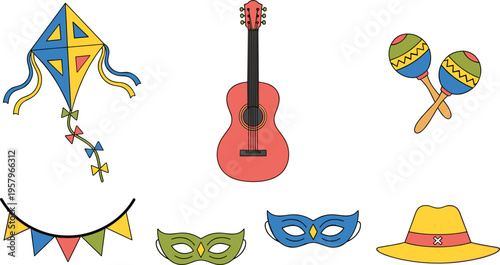 Festival Celebration Icon Set with Kite, Guitar, Maracas, Masks, Bunting, and Hat Illustration for Cultural Events, Music Parties, and Colorful Holiday Design Projects