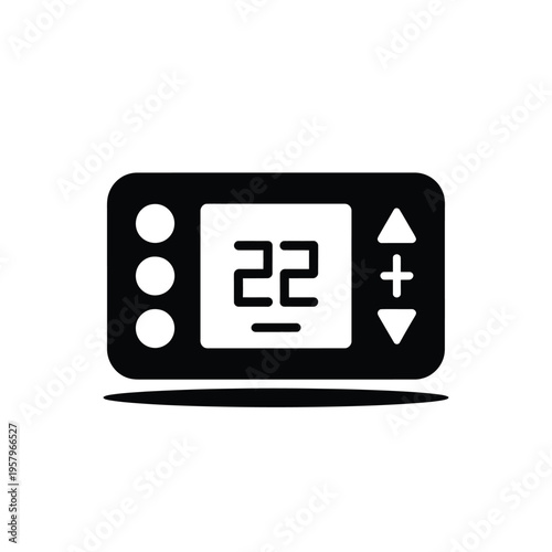A black and white illustration of a digital thermostat displaying temperature