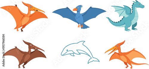 Flying Pterodactyl, Dragon, and Dolphin Cartoon Illustration Set with Prehistoric Dinosaurs and Fantasy Creatures for Kids Education, Adventure Themes, and Creative Design Projects