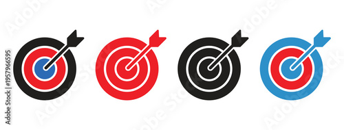Target icon set. Target icon with arrow in center symbolizing goal. Symbols of success, achievement, aim, target. vector illustration 