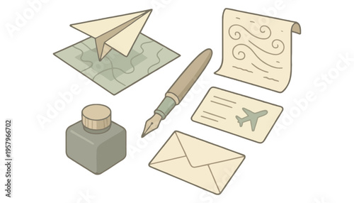 A paper airplane sits on a puzzle map with a fountain pen and ink