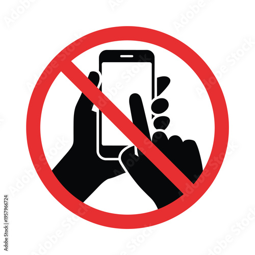No mobile phones allowed A prohibition sign featuring a smartphone and hands