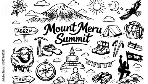 Mount Meru summit illustration with trekking icons and symbols