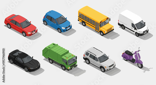Vector illustration of a professional transport icon collection featuring a set of cars, trucks, buses, and delivery vans for automotive vehicle design