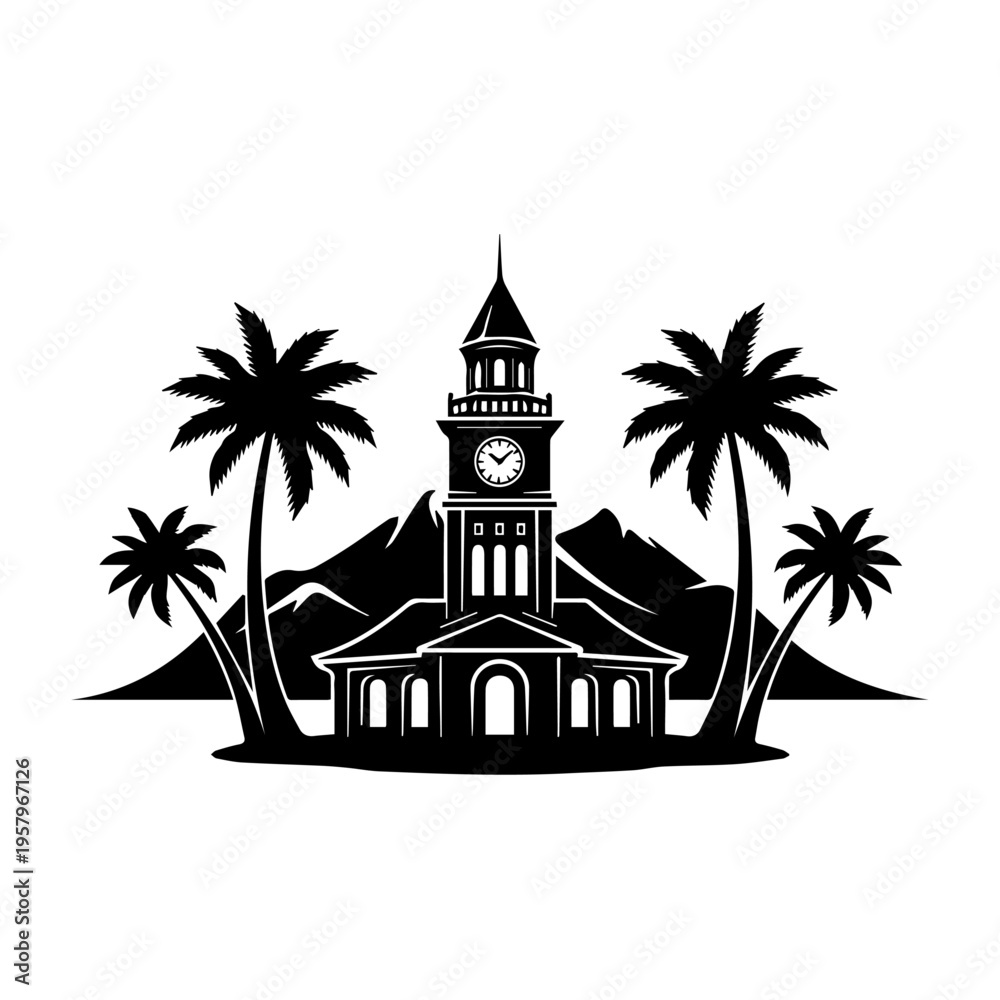 Obraz premium iconic government building with palm trees and mountain backdrop
