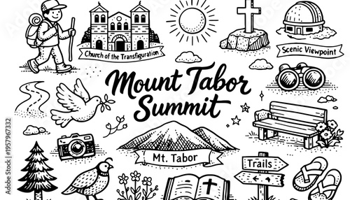 Mount Tabor summit illustration with various scenic and religious icons