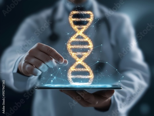 A doctor showcases a digital representation of DNA strands, symbolizing advancements in genetics and biotechnology.