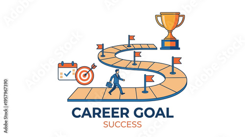 Career Goal Success Concept Illustration with Businessman Walking on Winding Path towards Trophy, Milestones, and Target. Professional Growth, Planning, and Achievement Strategy Flat Vector Design.