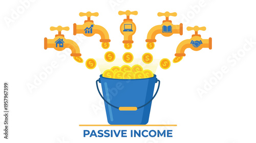 Passive Income Concept with Golden Faucets Pouring Money Coins into a Blue Bucket Representing Multiple Revenue Streams and Financial Freedom Vector Illustration
