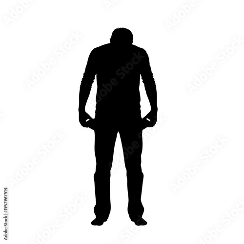 Black silhouette of person with empty pockets, minimalistic icon on white background, concept of financial ruin and economic hardship  
