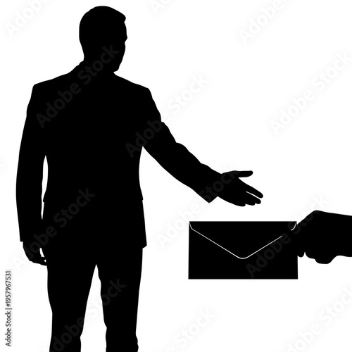 Black silhouette of person receiving money in envelope, minimalistic icon on white background, concept of salary payment and income  