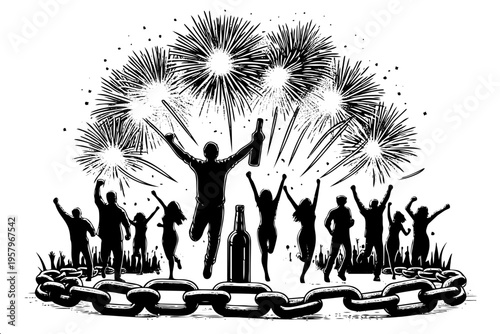 Black and white sketch of celebration scene with crowd silhouettes jumping and dancing, fireworks exploding overhead, champagne bottles, confetti, chain border symbolizing unity
