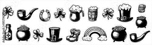 Black and white engraving style sketch of Irish St Patricks Day symbols including shamrock clover, smoking pipe, horseshoe, beer mugs, pot of gold, leprechaun hat, boots, rainbow, coins