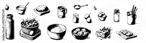Black and white engraving style sketch of baking items including apple, mixing bowl, dough, coffee mug, flour spoon, pear, jam jar, berries basket, milk bottle, cookies, fruit cake, cutting board