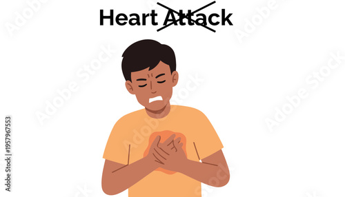 A man experiencing heart pain with a crossed out heart attack sign