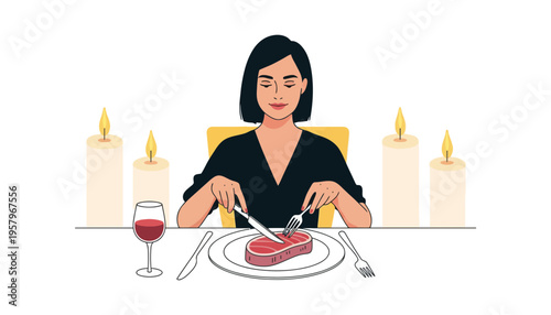 Woman eating steak in a romantic candlelit dinner setting illustration
